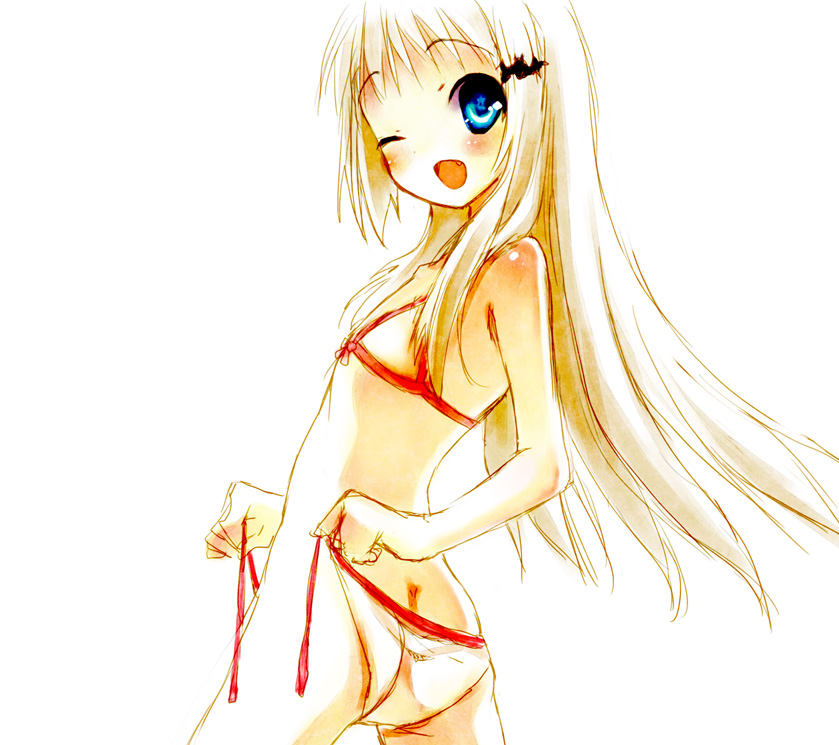 toranosuke, noumi kudryavka, little busters!, bikini, blonde hair, blue eyes, butt crack, flat chest, hair ornament, hairclip, loli, long hair, side-tie bikini bottom, solo, swimsuit, undressing, white bikini