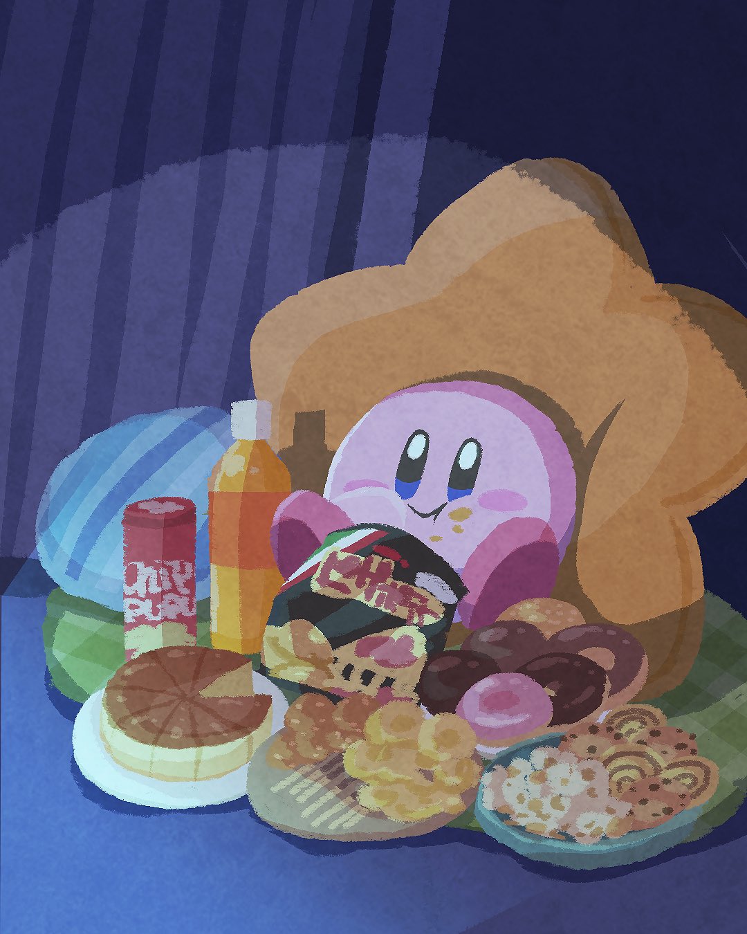miclot, kirby, kirby (series), nintendo, commentary, highres, blue eyes, blush stickers, closed mouth, donut, eating, food, food on face, ketchup, no humans, pie, pillow, solo