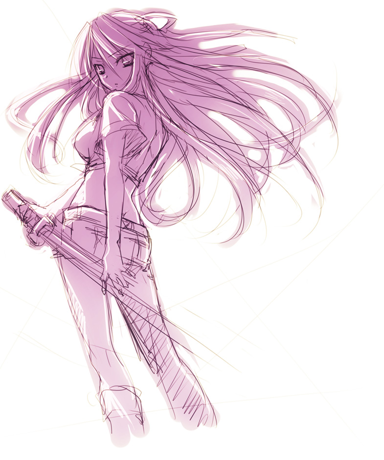toranosuke, kanzaki kaori, toaru majutsu no index, blade, 00s, 1girl, asymmetrical clothes, female focus, long hair, midriff, monochrome, purple theme, simple background, single pantsleg, sketch, solo, sword, weapon, white background