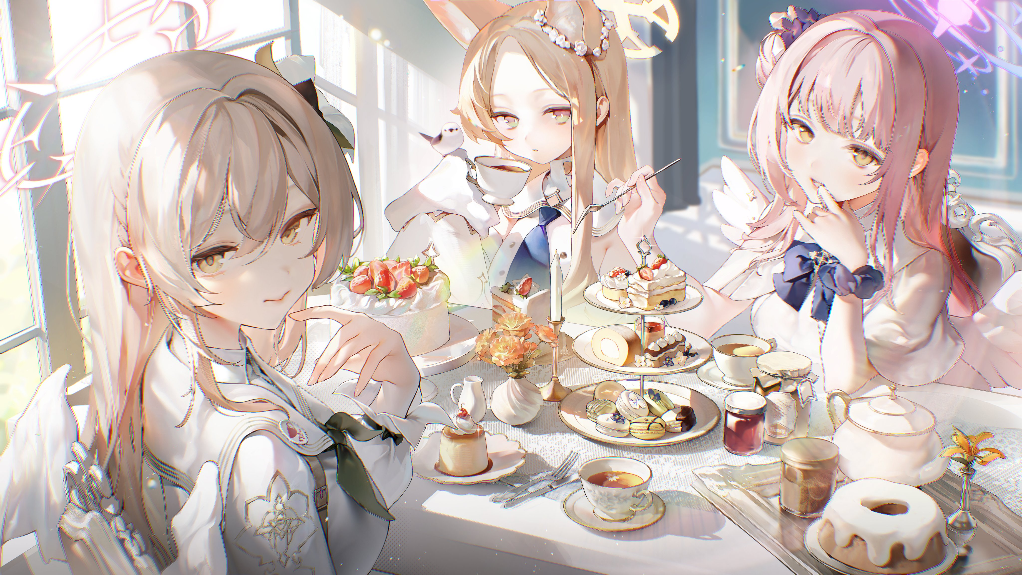 dalla (888 dalae), mika (blue archive), nagisa (blue archive), seia (blue archive), blue archive, absurdres, commentary, highres, angel wings, animal ear fluff, animal ears, bird, black neckerchief, blonde hair, brown eyes, brown hair, cake, capelet, cross halo, cup, ear wreath, feathered wings, flower, food, fox ears, fox girl, hair bun, hair flower, hair ornament, halo, looking at another, looking at viewer, low wings, neckerchief, pink hair, pink halo, single side bun, sweets, swiss roll, tea party (blue archive), teacup, tit (bird), white capelet, white wings, wings, yellow eyes, yellow halo