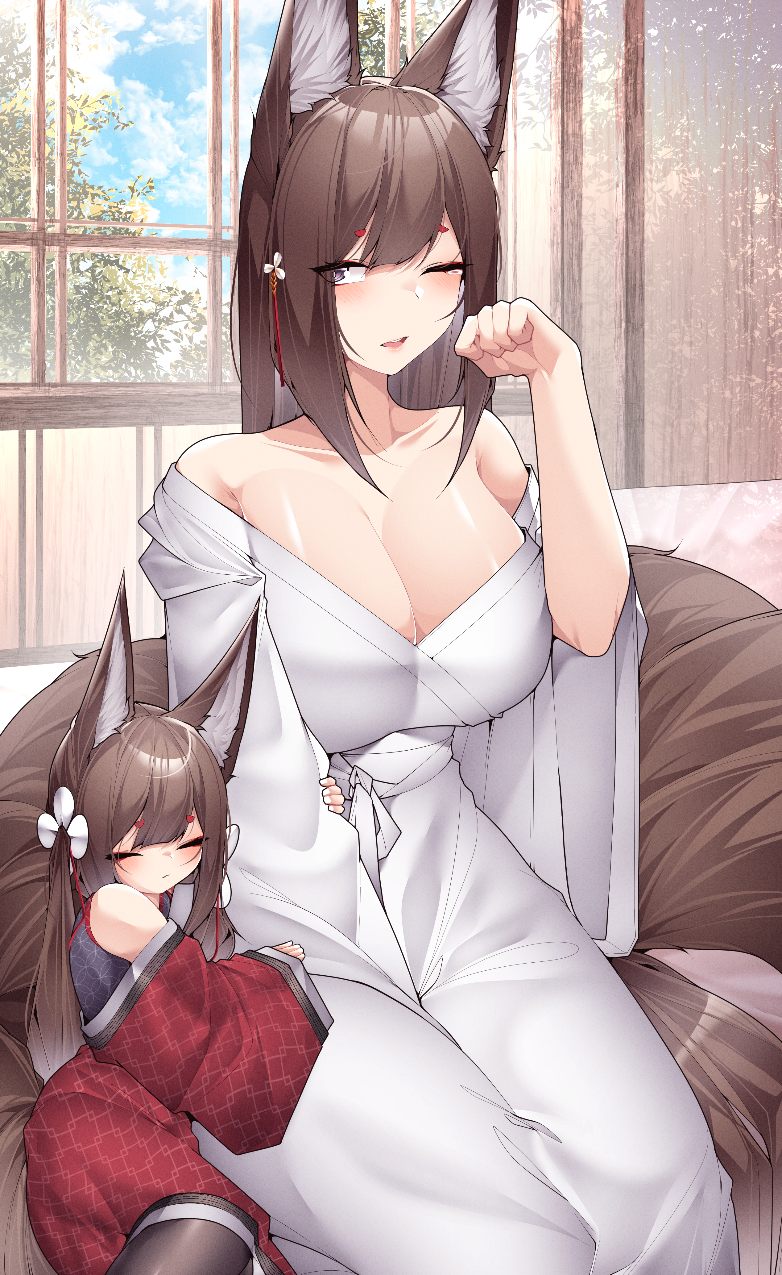 samip, amagi-chan (azur lane), amagi (azur lane), azur lane, absurdres, commentary, english commentary, highres, 2girls, animal ears, bare shoulders, breasts, brown hair, brown tail, cleavage, closed eyes, collarbone, fox ears, fox girl, fox tail, indoors, japanese clothes, kimono, large breasts, long hair, multiple girls, one eye closed, purple eyes, red kimono, sleepy, tail, white kimono, window