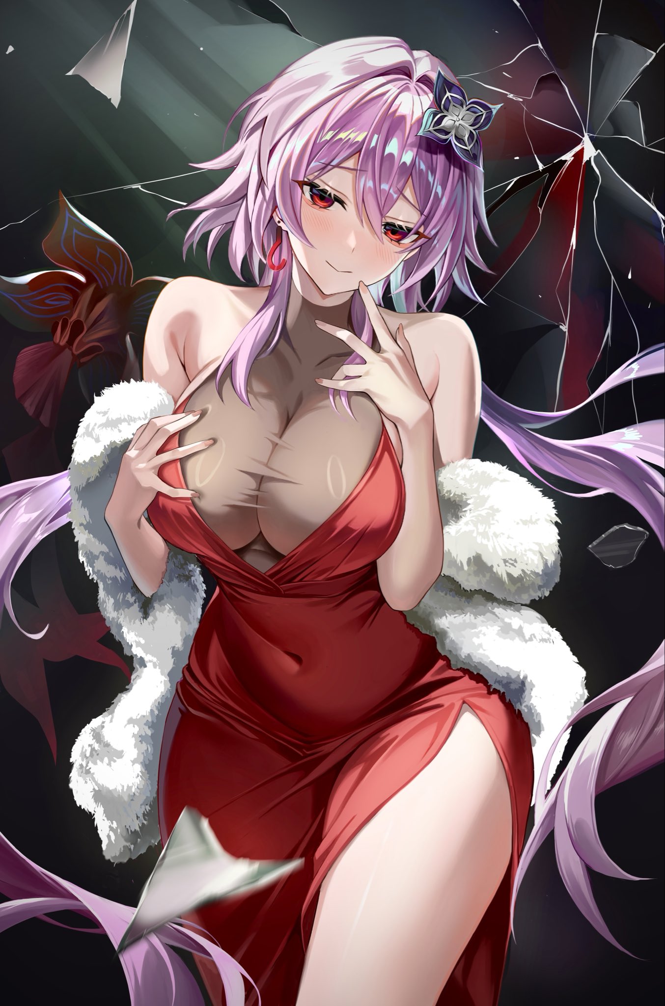 chinami (chinamin 02), evernight (honkai: star rail), march 7th (honkai: star rail), honkai: star rail, honkai (series), commentary, highres, 1girl, alternate costume, blush, breasts, broken glass, closed mouth, coat, covered navel, dress, earrings, flower, fur coat, glass, grabbing own breast, hair flower, hair ornament, jewelry, large breasts, long hair, looking at viewer, pink hair, red dress, red eyes, side slit, single earring, smile, solo, thighs