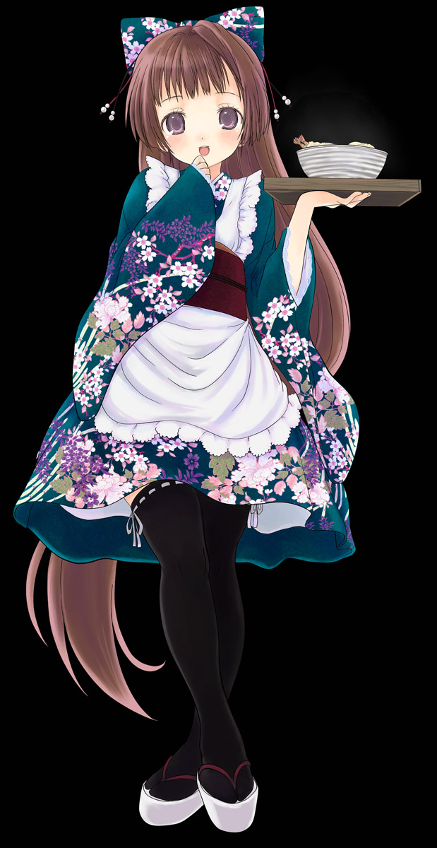 mikazukimo, original, highres, 1girl, :d, apron, black background, black thighhighs, blush, bowl, brown hair, clog sandals, crossed ankles, dress, female focus, floral print, food, frilled apron, frills, full body, geta, hair ribbon, hand to own mouth, holding, holding tray, japanese clothes, kimono, kimono skirt, legs, long hair, long sleeves, looking at viewer, maid, obi, okobo, open mouth, platform sandals, print dress, print kimono, purple eyes, ribbon, ribbon-trimmed legwear, ribbon trim, sandals, sash, shrimp, simple background, smile, solo, standing, tabi, thighhighs, tray, upskirt, very long hair, wa maid, waitress, wide sleeves, zettai ryouiki