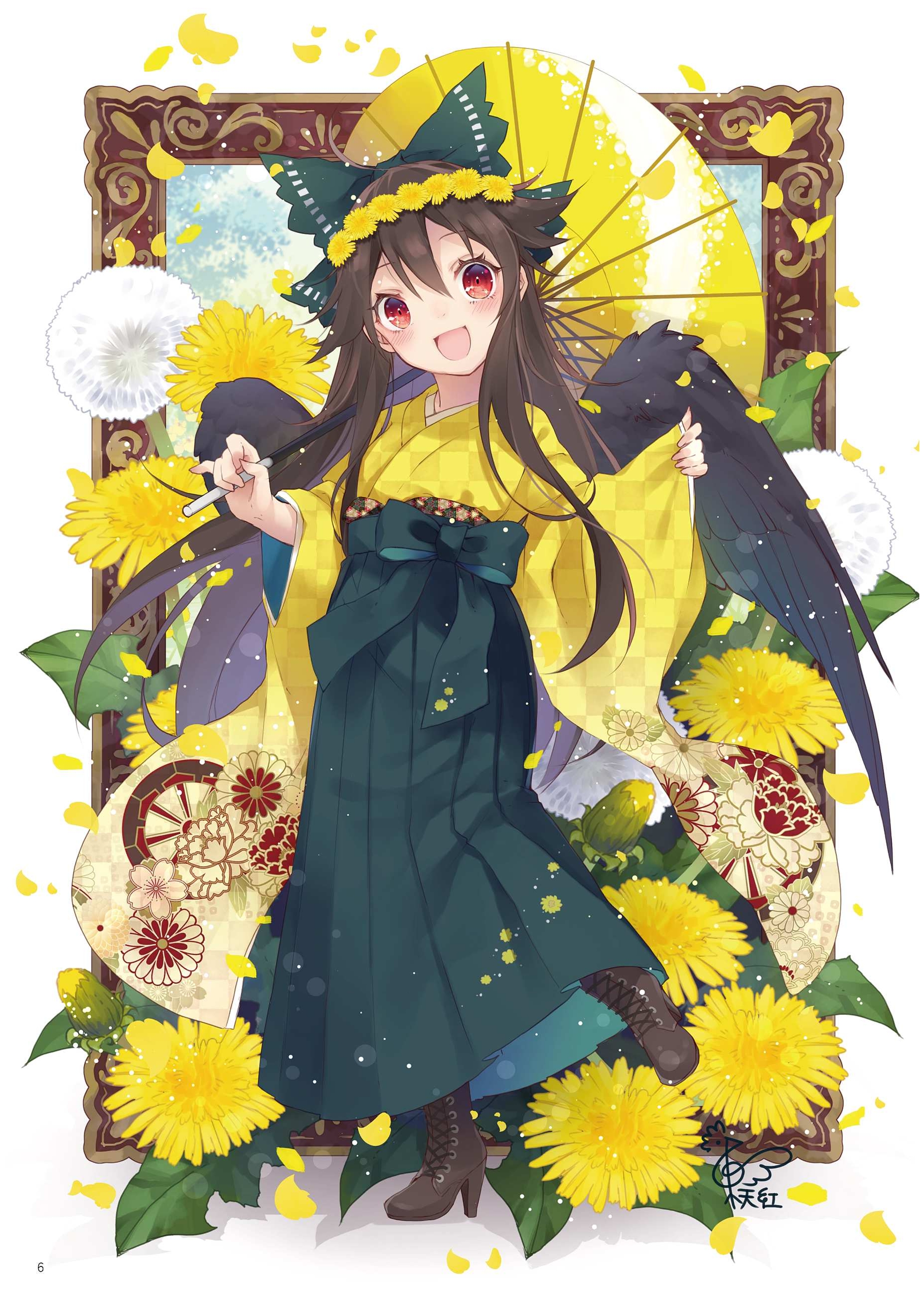 toutenkou, reiuji utsuho, touhou, absurdres, highres, third-party source, 1girl, :d, black hair, black wings, boots, bow, brown boots, chrysanthemum, chrysanthemum print, double-parted bangs, feathered wings, floral print, flower, flower wreath, full body, green bow, green hakama, hair between eyes, hair bow, hakama, hakama skirt, holding, holding umbrella, japanese clothes, kimono, lace-up boots, long hair, long sleeves, looking at viewer, open mouth, parasol, pinching sleeves, red eyes, signature, skirt, smile, solo, standing, standing on one leg, umbrella, wide sleeves, wings, yellow kimono, yellow umbrella