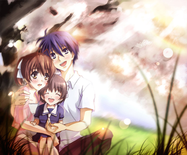 kuro haruka 8, furukawa nagisa, okazaki tomoya, okazaki ushio, clannad, 00s, 1boy, 2girls, blue eyes, blue hair, brown eyes, brown hair, closed eyes, dress, family, husband and wife, multiple girls, nature, ponytail, sailor dress, school uniform, short hair