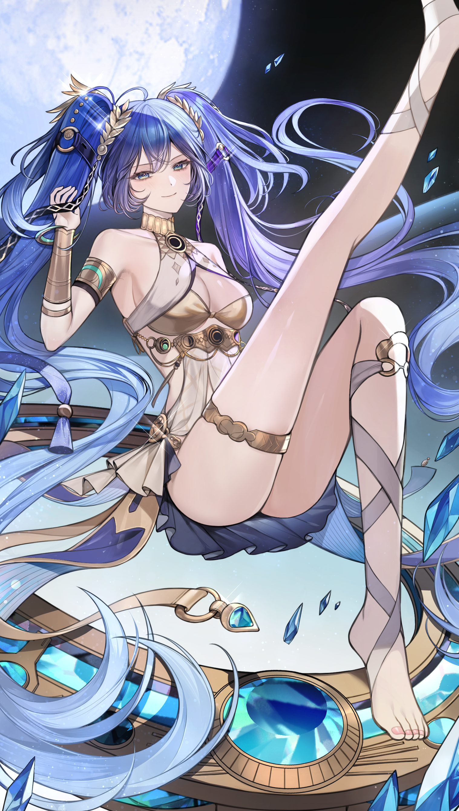 daengdaeng, iuno (wuthering waves), wuthering waves, absurdres, commentary, highres, 1girl, ahoge, ancient greek clothes, armlet, bare shoulders, blue eyes, blue hair, breasts, cleavage, closed mouth, feet, full moon, gold bra, greco-roman clothes, hand up, jewelry, leg up, legs, long hair, looking at viewer, medium breasts, moon, smile, solo, thighlet, thighs, toes, twintails, vambraces, very long hair