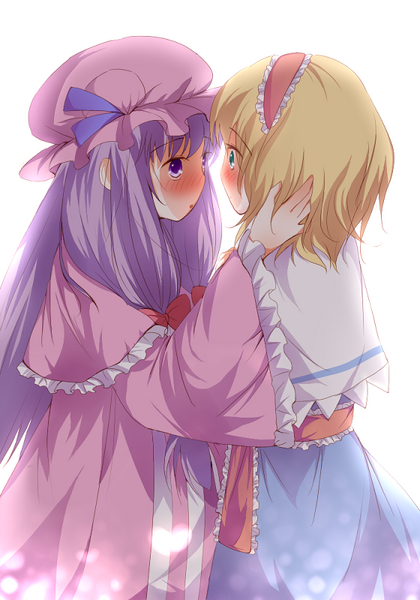 yatomi, alice margatroid, patchouli knowledge, touhou, 2girls, blonde hair, blush, capelet, female focus, frills, hairband, hat, hug, long sleeves, mob cap, multiple girls, purple eyes, purple hair, simple background, white background, yuri