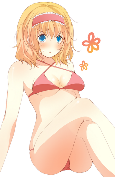 yatomi, alice margatroid, touhou, 1girl, ass, bikini, blonde hair, blue eyes, breasts, female focus, pink bikini, red bikini, simple background, solo, swimsuit, white background