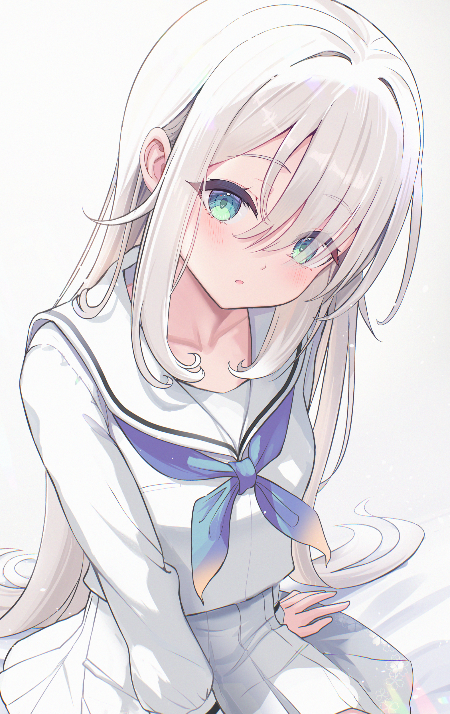 sakura ani, original, absurdres, commentary request, highres, 1girl, :o, blue eyes, blue neckerchief, collarbone, long hair, long sleeves, neckerchief, parted lips, sailor collar, school uniform, serafuku, shirt, simple background, sitting, skirt, solo, white background, white hair, white sailor collar, white serafuku, white shirt, white skirt