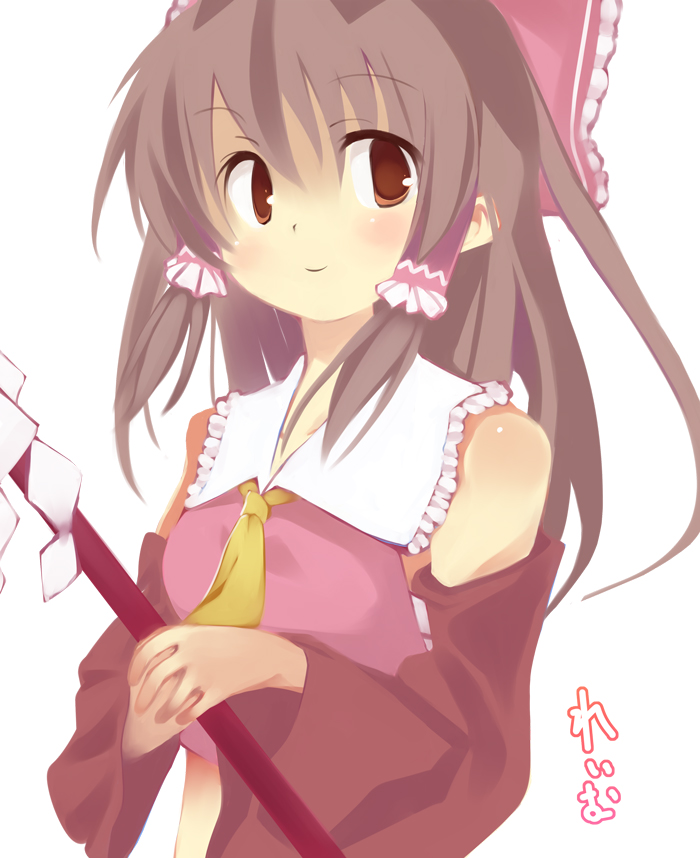 hakurei reimu, touhou, 1girl, ascot, bow, brown eyes, brown hair, female focus, hair bow, simple background, solo, white background, yellow ascot
