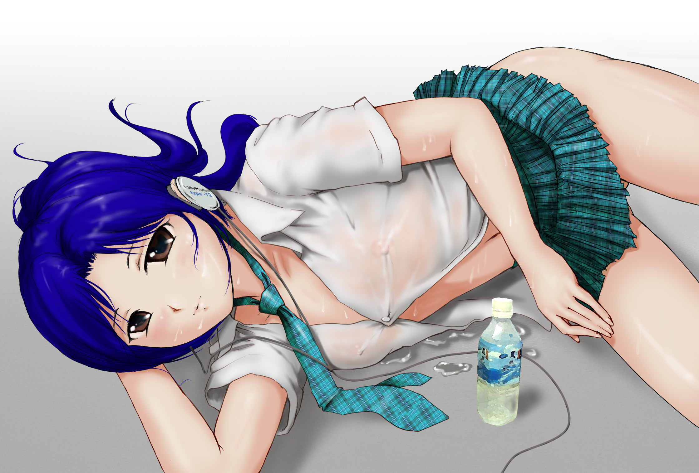 kgo, kisaragi chihaya, idolmaster, idolmaster (classic), original, highres, 00s, 1girl, blue hair, covered erect nipples, earphones, female focus, flat chest, gluteal fold, headphones, no bra, rough time school, see-through clothes, skirt, solo, water, wet