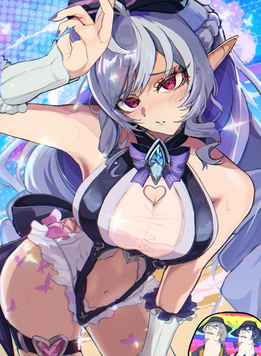 belle (zenless zone zero), vivian banshee, vivian banshee (iris of the shore), wise (zenless zone zero), zenless zone zero, highres, 1boy, 2girls, arm up, armpits, beach, blush, bow, butterfly tattoo, clothing cutout, cowboy shot, detached sleeves, frilled one-piece swimsuit, frills, hair bow, heart cutout, long hair, multicolored hair, multiple girls, navel, official alternate costume, one-piece swimsuit, pointy ears, polka dot, polka dot background, purple bow, purple hair, red eyes, streaked hair, sweat, swimsuit, tattoo, tomu101010, two-tone hair, two-tone one-piece swimsuit