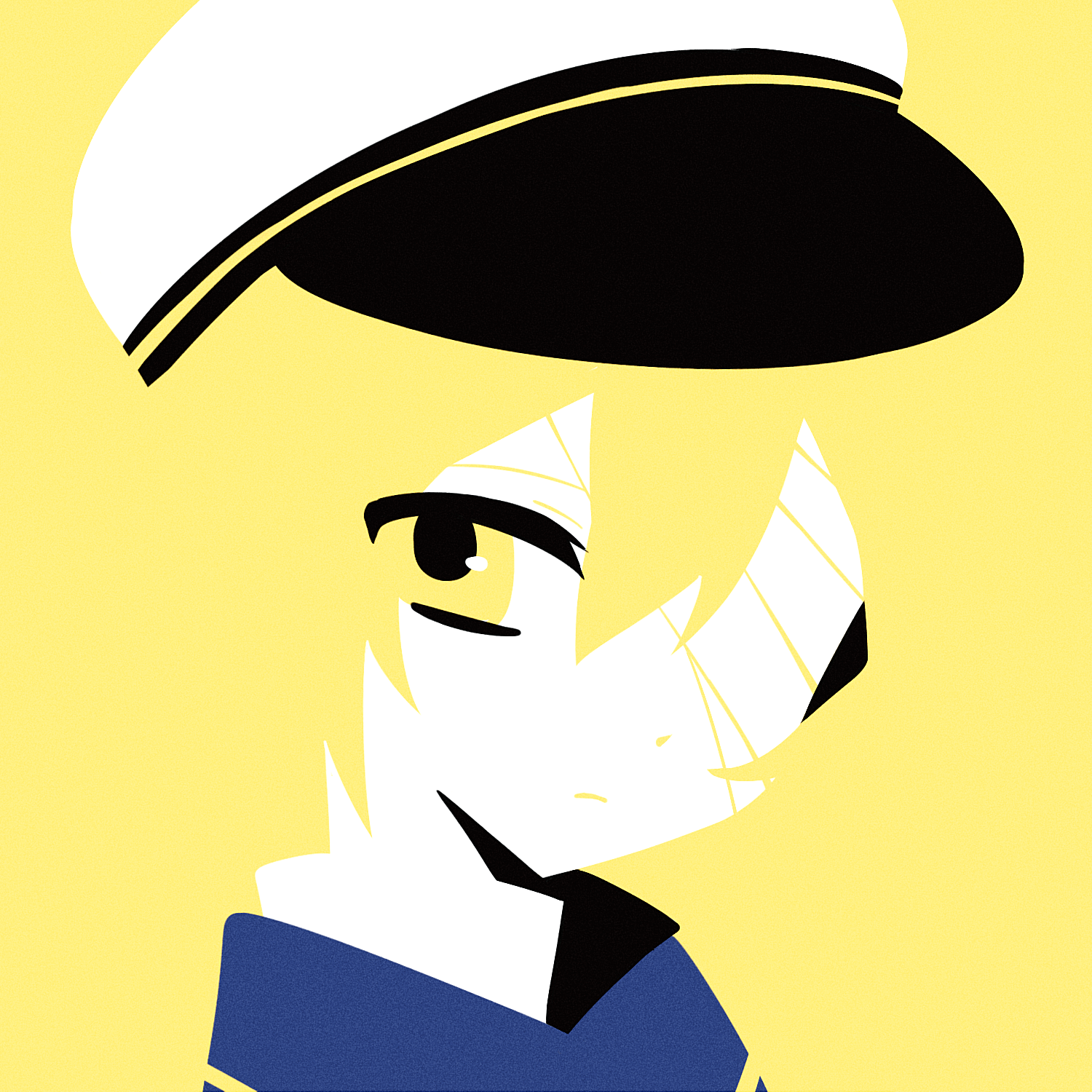 feiwusheng, oliver (vocaloid), vocaloid, chinese commentary, commentary request, highres, 1boy, bandage over one eye, blonde hair, blue shirt, closed mouth, collared shirt, colored skin, flat color, hat, light frown, looking at viewer, male focus, no lineart, one eye covered, portrait, shirt, simple background, solo, white hat, white skin, yellow background, yellow eyes