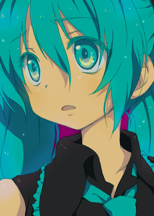 kona, kona (canaria), hatsune miku, vocaloid, eyebrows, looking away, 1girl, aqua eyes, aqua hair, black shirt, collared shirt, colored eyelashes, female focus, hair between eyes, long hair, necktie, open mouth, portrait, purple background, shirt, solo, worried