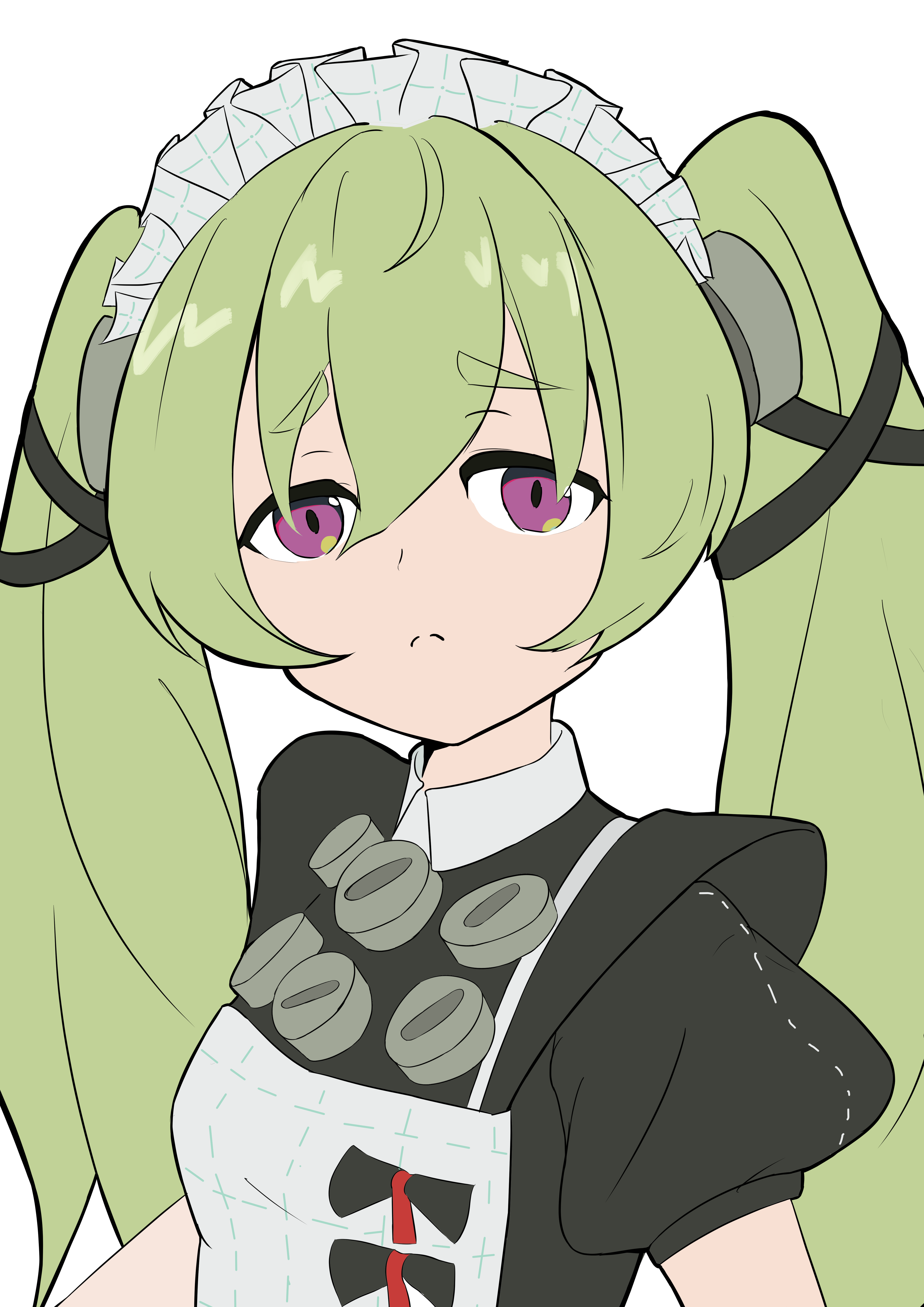 corin wickes, zenless zone zero, absurdres, commentary request, highres, 1girl, apron, black bow, black dress, bow, breasts, dress, frown, green hair, hair between eyes, long hair, looking at viewer, maid, maid headdress, puffy short sleeves, puffy sleeves, purple eyes, purupuruck, screw hair ornament, short sleeves, simple background, small breasts, solo, twintails, white apron, white background