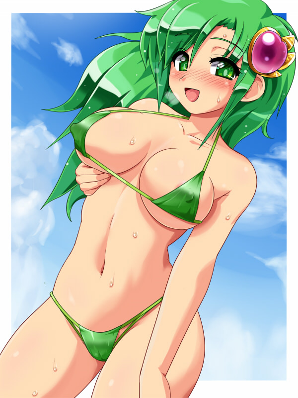 konpeto, rydia (adult) (ff4), rydia (ff4), final fantasy, final fantasy iv, 1990s (style), 1girl, :d, aged up, areola slip, bare shoulders, bikini, blue sky, blush, breast lift, breasts, cameltoe, cleavage, cloud, covered erect nipples, day, dutch angle, female focus, gem, green bikini, green eyes, green hair, hair ornament, large breasts, long hair, looking at viewer, matching hair/eyes, micro bikini, naughty face, navel, nipple slip, nipples, open mouth, outdoors, parted bangs, retro artstyle, sideboob, sky, smile, solo, standing, string bikini, sweat, swimsuit, thighhighs, thong bikini, underboob
