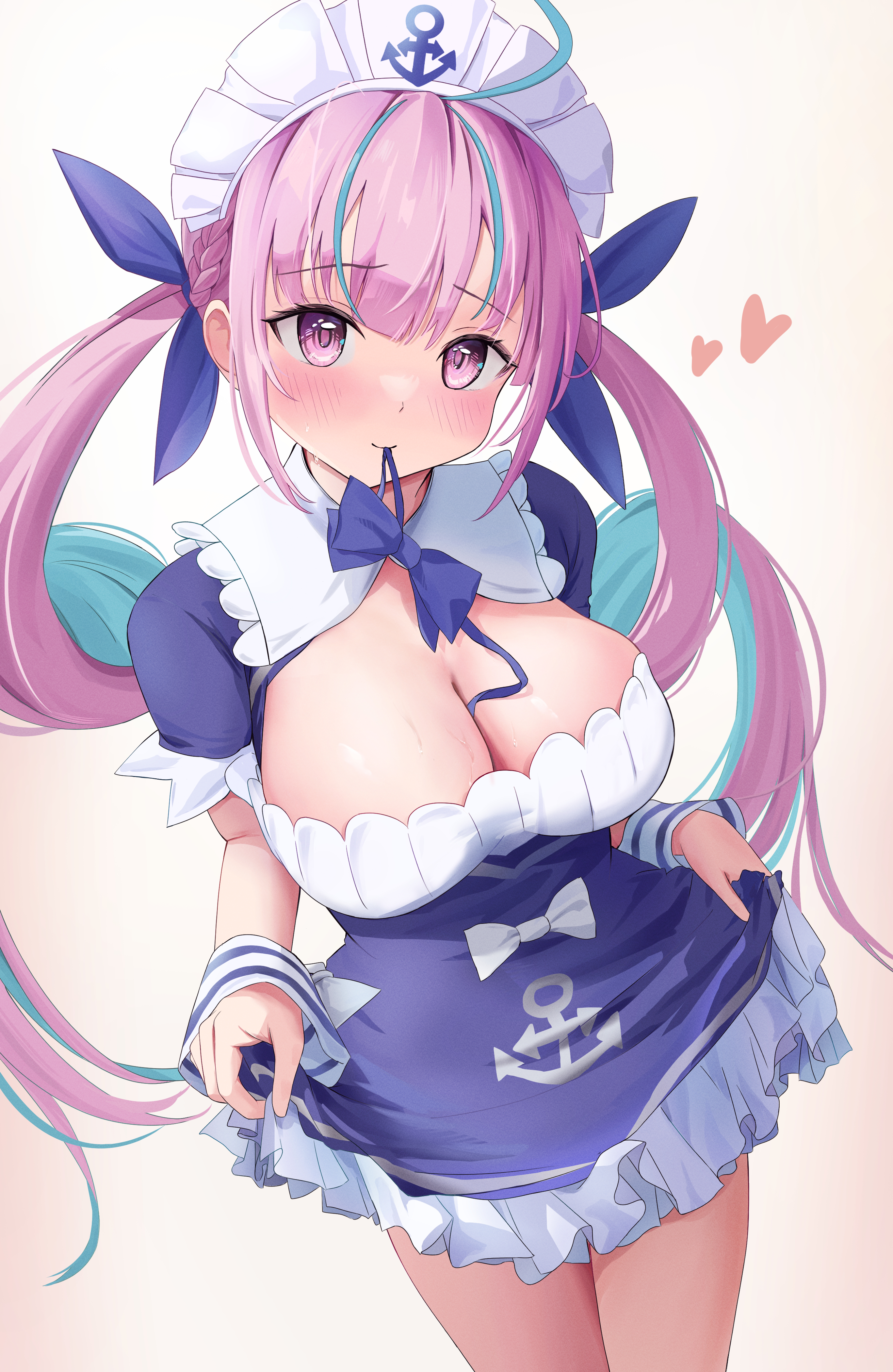 mochiki 927, minato aqua, minato aqua (1st costume), hololive, absurdres, commentary, highres, 1girl, anchor hat ornament, anchor symbol, aqua hair, between breasts, blue bow, blue bowtie, blue dress, blue ribbon, blush, bow, bowtie, braid, breasts, cleavage, closed mouth, colored inner hair, curly hair, dress, hair ribbon, hat ornament, holding, large breasts, long hair, looking at viewer, maid, maid headdress, mouth hold, multicolored hair, pink eyes, pink hair, ribbon, short sleeves, simple background, skirt hold, smile, solo, streaked hair, sweat, thighs, twintails, two-tone hair, virtual youtuber, white background, white bow, white wrist cuffs, wrist cuffs