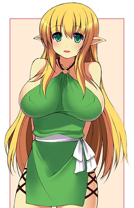 kyoku tou, tiffania westwood, zero no tsukaima, 00s, 1girl, arms behind back, bare shoulders, blonde hair, breasts, covered erect nipples, cowboy shot, elf, female focus, green eyes, halterneck, huge breasts, long hair, open mouth, pointy ears, solo, very long hair