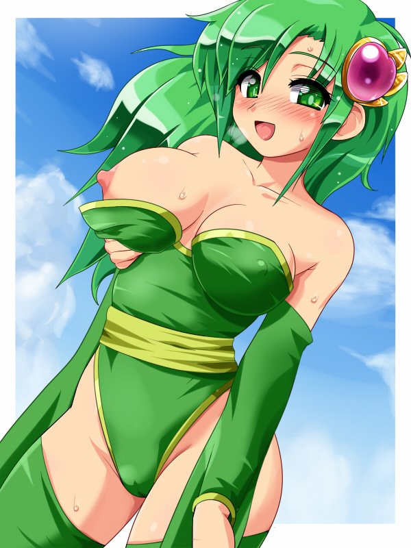 konpeto, rydia (adult) (ff4), rydia (ff4), final fantasy, final fantasy iv, 1990s (style), 1girl, aged up, bare shoulders, blush, breast lift, breast slip, breasts, cleavage, covered erect nipples, detached sleeves, female focus, green eyes, green hair, hair ornament, large breasts, leotard, long hair, looking at viewer, matching hair/eyes, naughty face, nipples, one breast out, open mouth, retro artstyle, smile, solo, sweat, thighhighs
