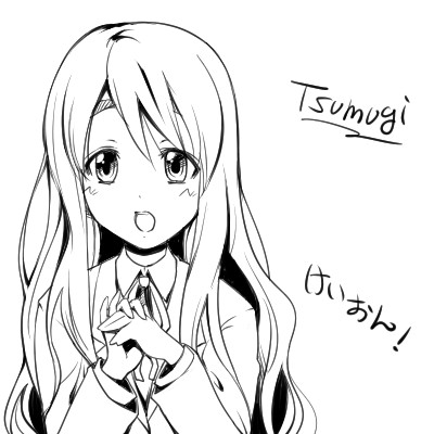 hairu, kotobuki tsumugi, k-on!, lowres, 00s, 1girl, female focus, greyscale, monochrome, school uniform, simple background, solo