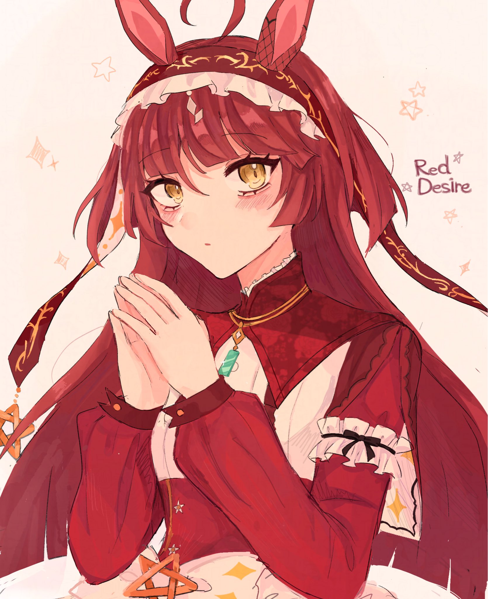nayasana101210, red desire (umamusume), umamusume, highres, 1girl, ahoge, animal ears, blunt bangs, character name, hair between eyes, hair ornament, hairband, horse ears, horse girl, jewelry, long hair, looking at viewer, necklace, own hands together, portrait, red hair, simple background, solo, yellow eyes
