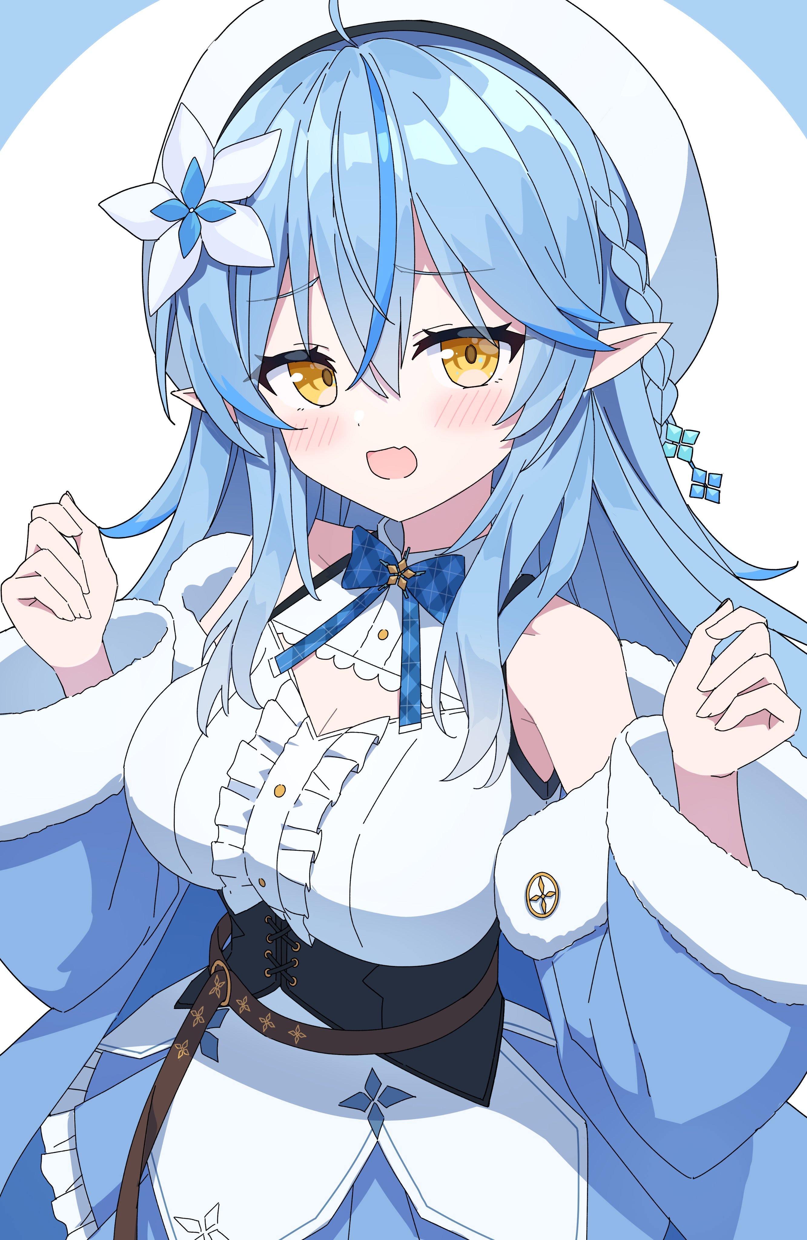 kaie, yukihana lamy, yukihana lamy (1st costume), hololive, absurdres, commentary request, highres, 1girl, ahoge, bare shoulders, blue bow, blue bowtie, blue coat, blue hair, blue skirt, blush, bow, bowtie, breasts, cleavage, coat, elf, fang, frilled skirt, frills, hair between eyes, hands up, hat, large breasts, long hair, long sleeves, looking at viewer, multicolored hair, off shoulder, open clothes, open coat, open mouth, pleated skirt, pointy ears, shirt, skin fang, skirt, sleeveless, sleeveless shirt, solo, streaked hair, upper body, white background, white hat, white shirt, yellow eyes
