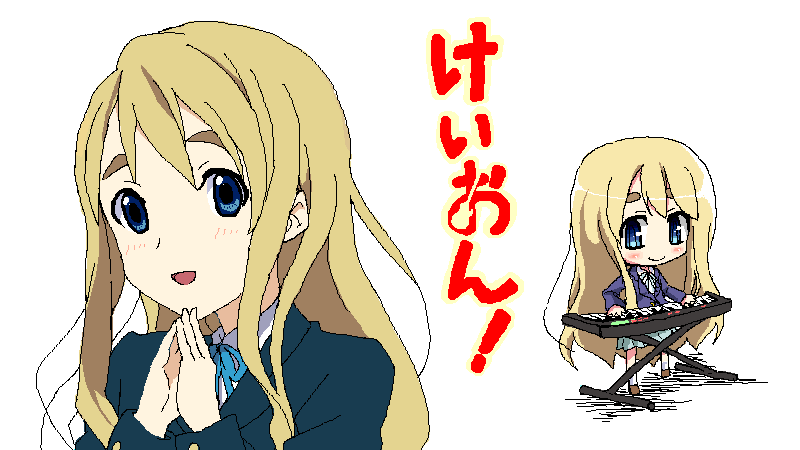 kaguyahime, kotobuki tsumugi, k-on!, 00s, 1girl, chibi, female focus, instrument, keyboard, keyboard (instrument), school uniform, solo, synthesizer