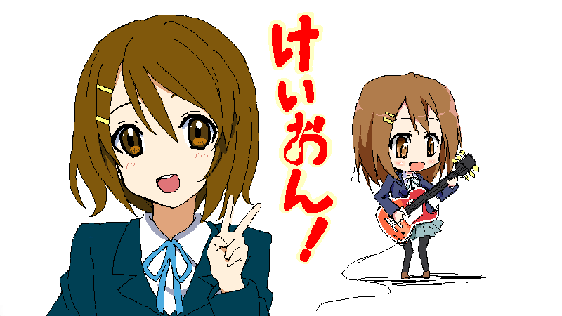 kaguyahime, hirasawa yui, k-on!, 00s, 1girl, chibi, female focus, guitar, instrument, pantyhose, school uniform, simple background, solo, v