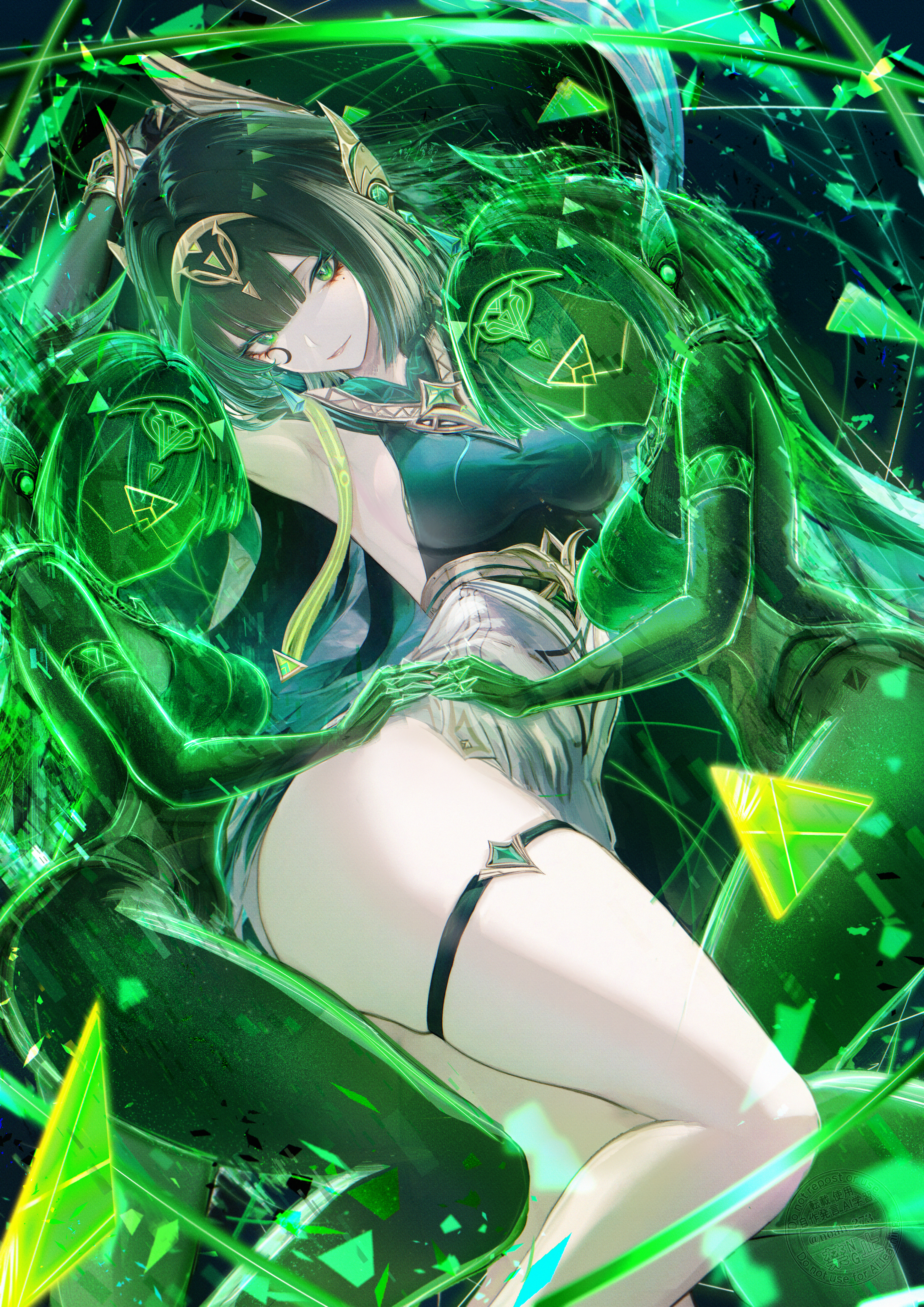 renoahh, nefer (genshin impact), genshin impact, absurdres, commentary, english commentary, highres, revision, 1girl, armpits, arms up, black gloves, breasts, earpiece, elbow gloves, facial mark, gloves, green eyes, green hair, headgear, jewelry, large breasts, looking at viewer, mark under eye, medium hair, mole, mole under eye, multiple persona, parted lips, smile, solo, thighlet, thighs