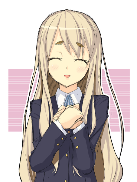 gin (ginshari), kotobuki tsumugi, k-on!, 00s, 1girl, :d, ^ ^, black jacket, blazer, blonde hair, buttons, closed eyes, collared shirt, female focus, hands on own chest, jacket, long hair, long sleeves, open mouth, school uniform, shirt, smile, solo, straight hair, thick eyebrows, two-tone background, upper body, very long hair, w arms, white shirt, wing collar