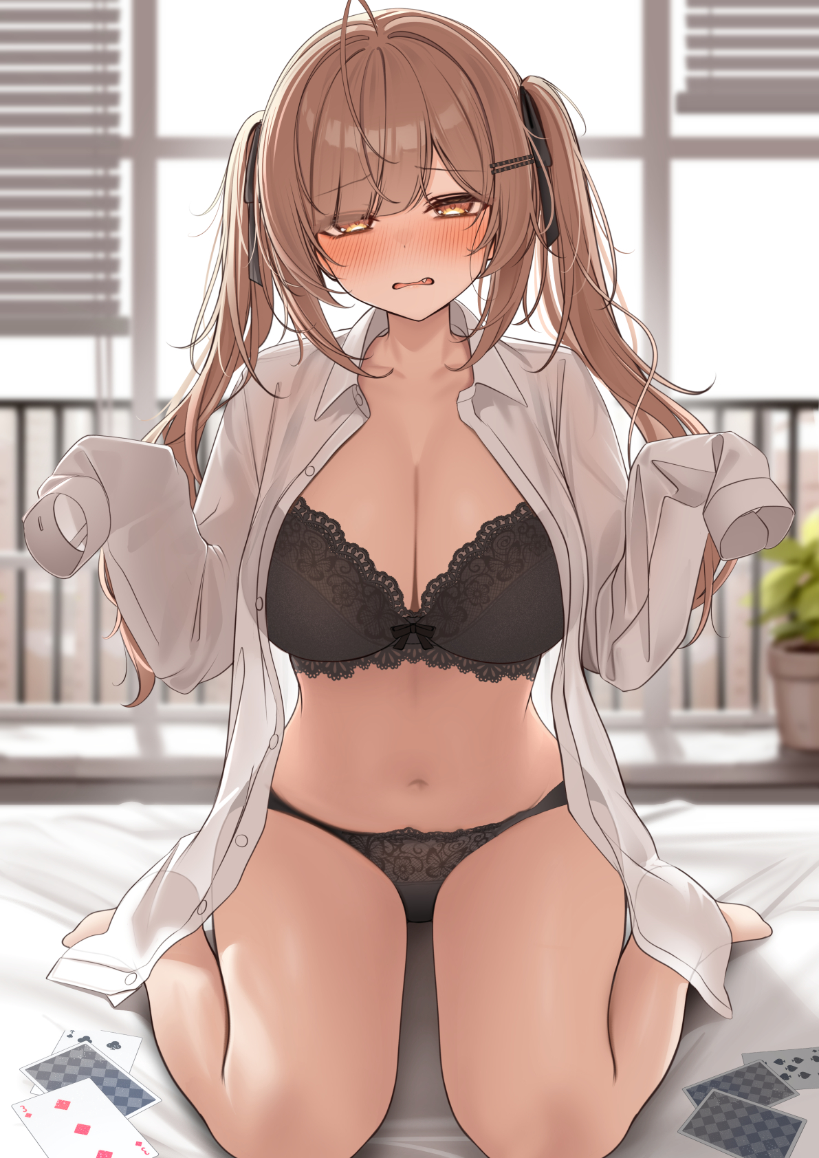 monaka curl, imouto-chan (monaka curl), original, commentary request, highres, 1girl, black bra, black panties, black ribbon, blush, bra, breasts, brown eyes, brown hair, cleavage, collared shirt, hair ribbon, large breasts, long hair, open clothes, open shirt, panties, ribbon, shirt, sitting, sleeves past fingers, sleeves past wrists, solo, twintails, underwear, white shirt, yellow eyes