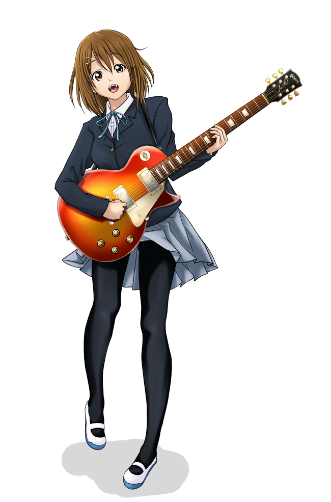 osuzu akiomi, hirasawa yui, k-on!, 00s, 1girl, electric guitar, female focus, full body, gibson les paul, guitar, instrument, legs, pantyhose, school uniform, shoes, simple background, solo, uwabaki