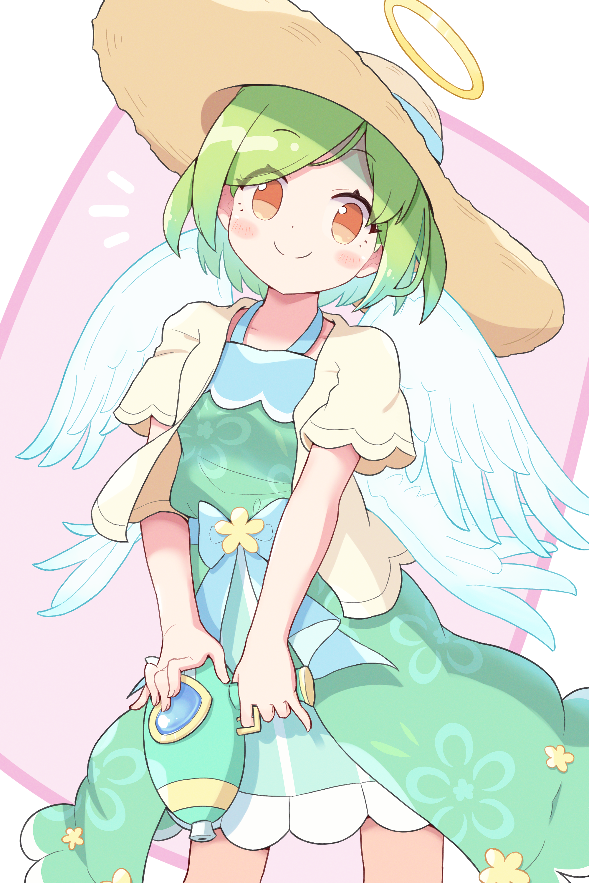 jazz grace, puyopuyo, puyopuyo quest, absurdres, highres, blue ribbon, blush, coat, dress, floral print, green dress, green hair, halo, halterneck, hat, holding, holding water gun, looking at viewer, multiple wings, official alternate costume, orange eyes, ribbon, roco (puyopuyo), short hair, sidelocks, smile, strapless, strapless dress, straw hat, sun hat, sundress, traditional halo, water gun, wings, yellow coat, yellow halo