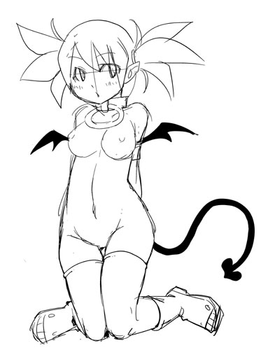 kaeru kenshi, etna (disgaea), disgaea, lowres, demon tail, greyscale, monochrome, nipples, nude, pointy ears, sketch, solo, tail, thighhighs, wings