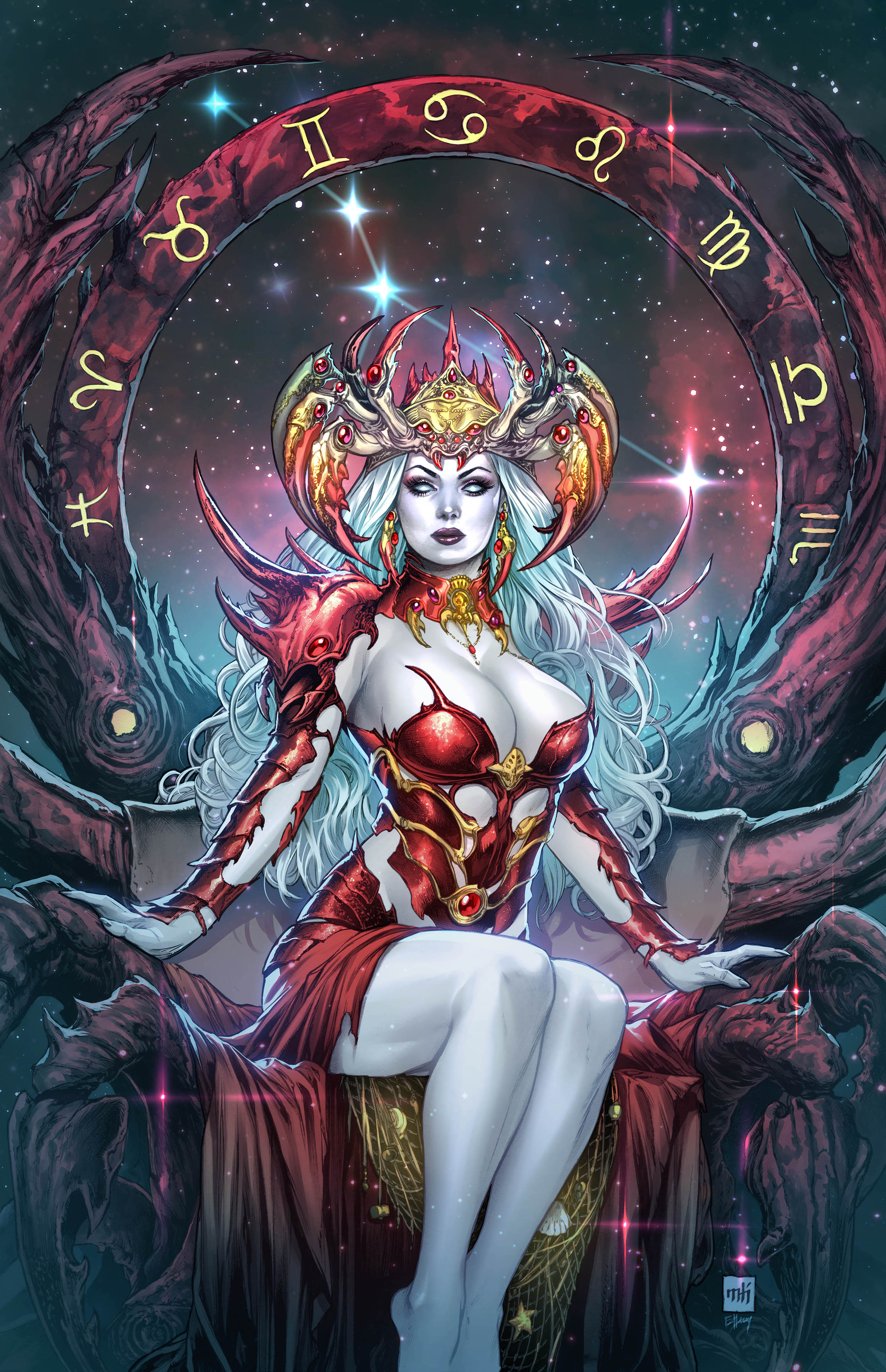 art of ellery, mike krome, original, absurdres, artist collaboration, highres, 1girl, artist name, blank eyes, breasts, cleavage, colored skin, large breasts, long hair, looking at viewer, sitting, solo, space, star (sky), white hair, white skin, zodiac wheel