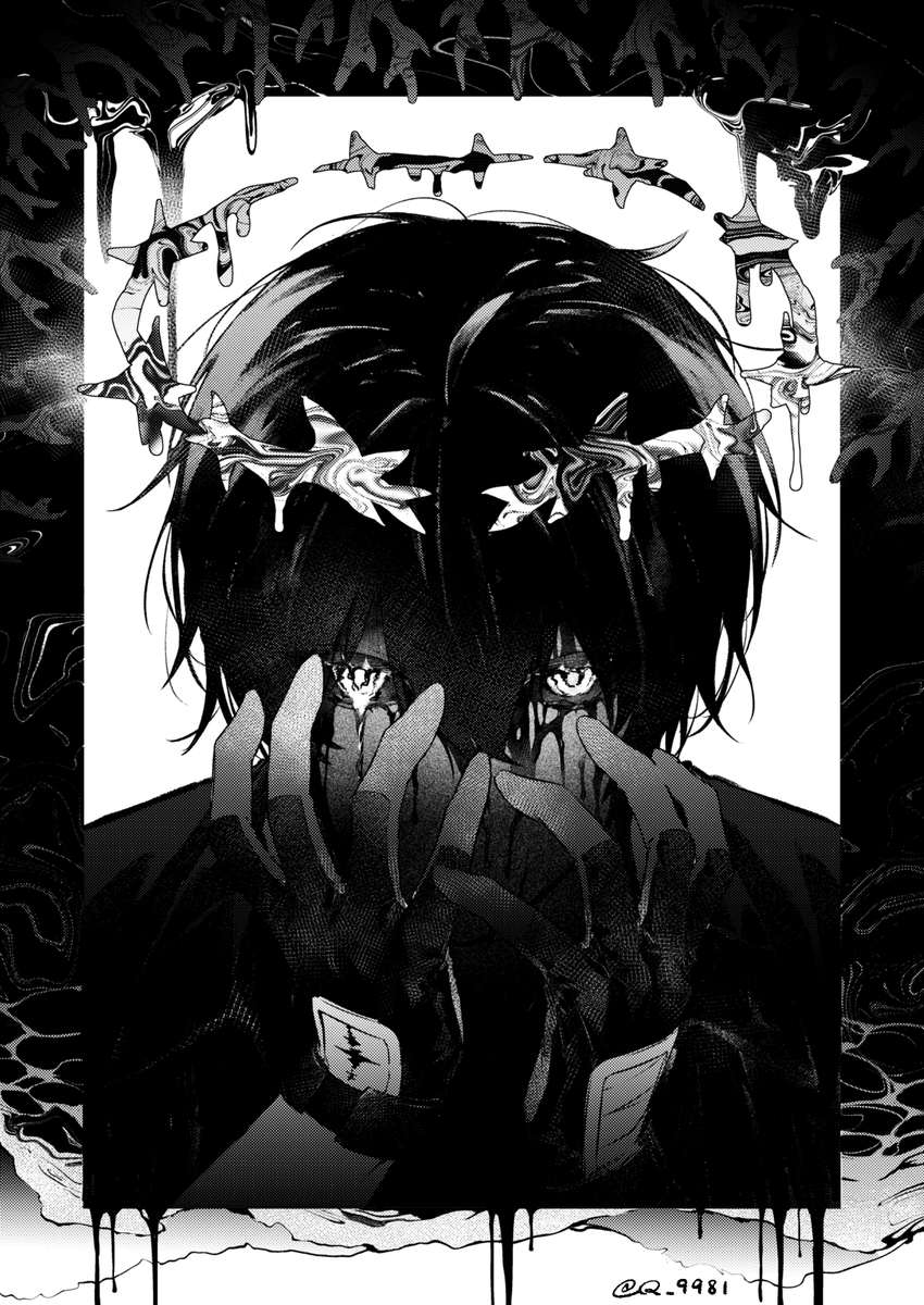 q 9981, male rover (wuthering waves), rover (wuthering waves), wuthering waves, highres, 1boy, abstract background, ahoge, blood, blood from forehead, blood on face, bloody tears, collarbone, corruption, crown of thorns, dark, dark persona, double-parted bangs, gloves, glowing, glowing eyes, greyscale, hair between eyes, hand tattoo, hands up, high contrast, looking at viewer, male focus, melting, monochrome, portrait, short hair, solo, straight-on, tacet mark (wuthering waves), tattoo, twitter username, very short hair