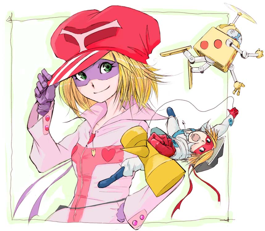 ichigoo, ai-chan, gan-chan, kaminari ai, omotchama, takada gan, tatsunoko production, time bokan (series), yatterman, 1boy, 1girl, blonde hair, blue eyes, bodysuit, gloves, green eyes, hat, jewelry, kendama, mask, necklace, short hair
