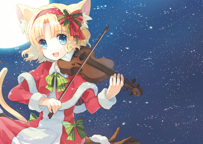 mottsun, bad id, bad pixiv id, 1girl, animal ears, blonde hair, blue eyes, bow, cat ears, cat tail, christmas, female focus, hair ribbon, instrument, lace, moon, night, night sky, ribbon, short hair, sky, solo, star (sky), star (symbol), starry sky, tail, violin