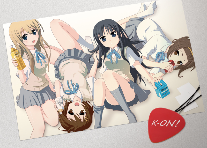 cpu (hexivision), akiyama mio, hirasawa yui, kotobuki tsumugi, tainaka ritsu, k-on!, bad id, bad pixiv id, 00s, 4girls, blunt bangs, bottle, can, hime cut, ho-kago tea time, lying, milk, milk carton, multiple girls, photo (object), plectrum, school uniform
