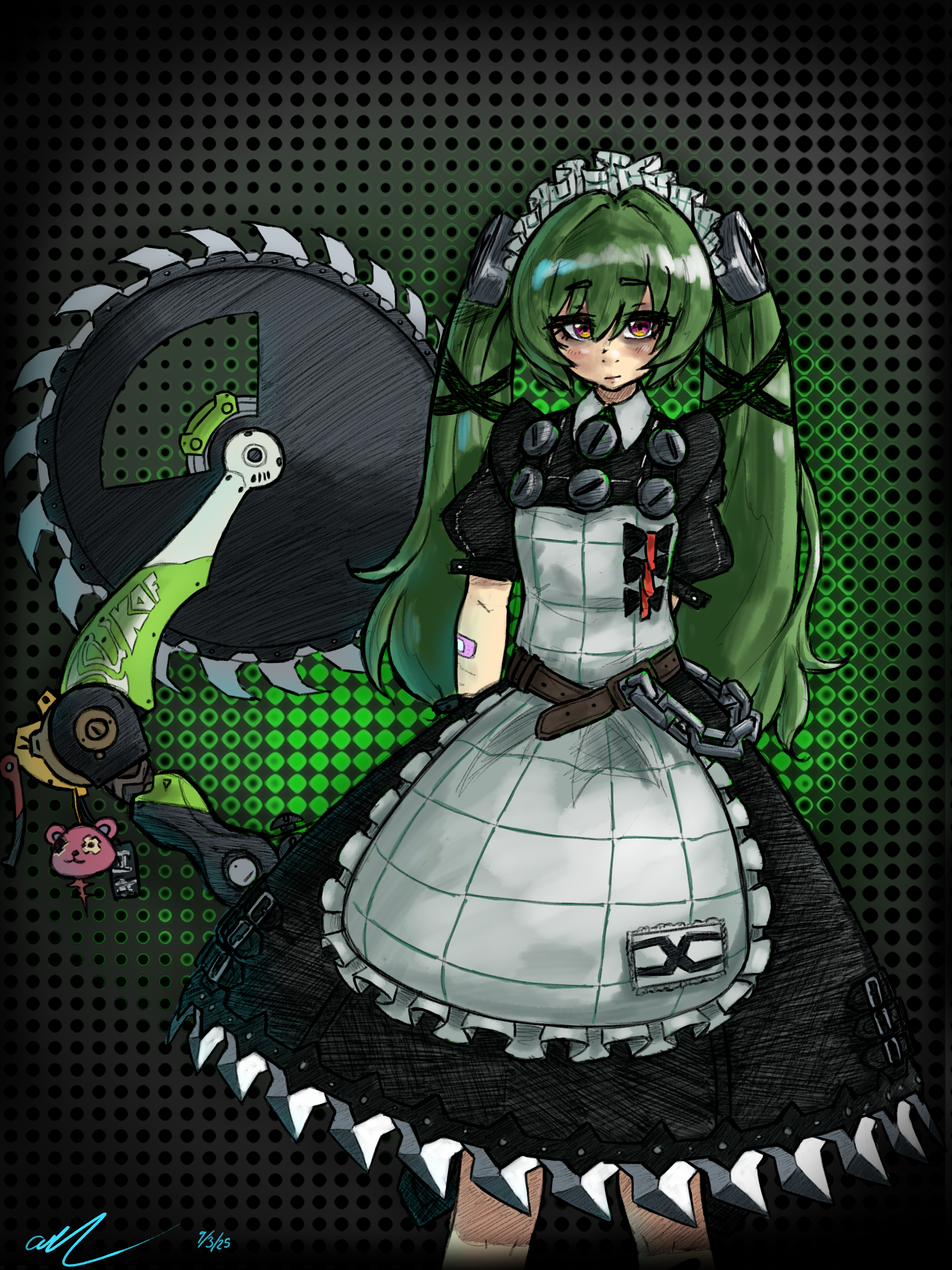 corin wickes, zenless zone zero, absurdres, highres, 1girl, aidan (sakuyaenjoyer), apron, bandaid, bandaid on arm, belt, black background, black dress, blush, chain, circular saw, dress, green background, green hair, hair between eyes, holding, holding saw, holding weapon, long hair, looking at viewer, maid, maid headdress, puffy short sleeves, puffy sleeves, purple eyes, saw, screw hair ornament, short sleeves, solo, twintails, two-tone background, weapon, white apron