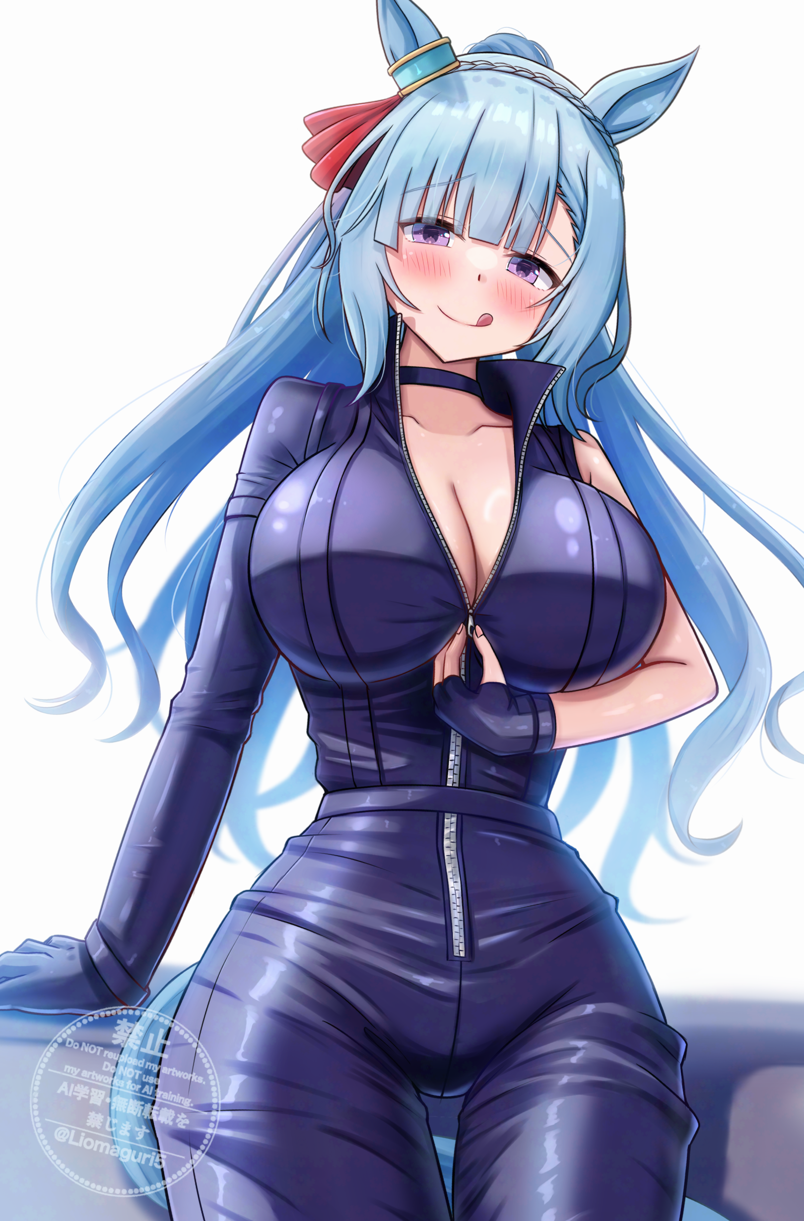 lio (maguri), mejiro ardan (umamusume), umamusume, absurdres, commentary request, highres, 1girl, :q, animal ears, blue bodysuit, blue gloves, blue hair, bodysuit, bow, breasts, cleavage, closed mouth, ear ribbon, fingerless gloves, gloves, horse ears, horse girl, horse tail, large breasts, long hair, looking at viewer, partially unzipped, red ribbon, ribbon, simple background, smile, solo, tail, tongue, tongue out, unzipped, white background