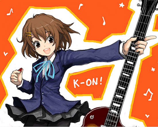 kara (color), hirasawa yui, k-on!, 00s, 1girl, female focus, guitar, instrument, pantyhose, school uniform, solo