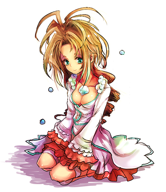 kara (color), lady pearl, legend of mana, seiken densetsu, 1girl, antenna hair, blonde hair, breasts, brooch, cleavage, collarbone, female focus, full body, gem, green eyes, jewelry, long sleeves, looking at viewer, short hair, simple background, solo, white background