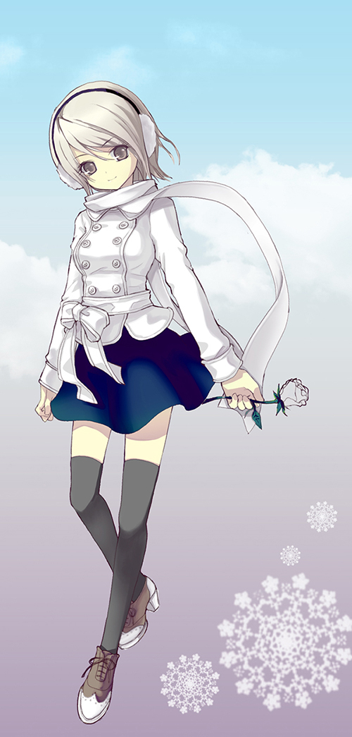 juke, 1girl, bow, buttons, cloud, coat, earmuffs, female focus, flower, grey eyes, jacket, lace, ribbon, rose, scarf, short hair, skirt, sky, snow, snowflakes, solo, thighhighs, white hair, zettai ryouiki