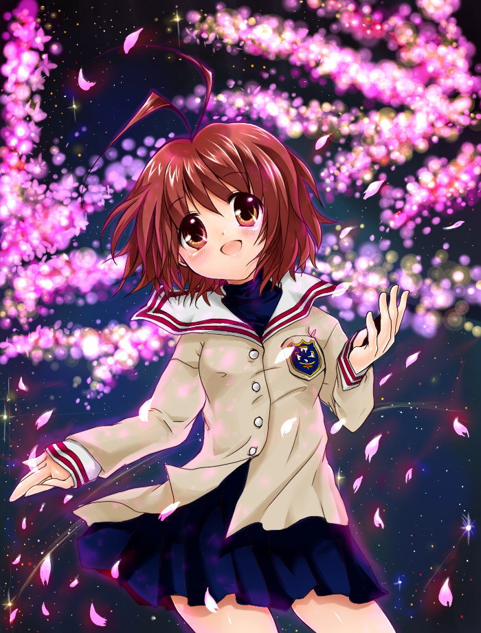 mosho, furukawa nagisa, clannad, 00s, antenna hair, brown eyes, brown hair, cherry blossoms, open mouth, petals, school uniform, short hair