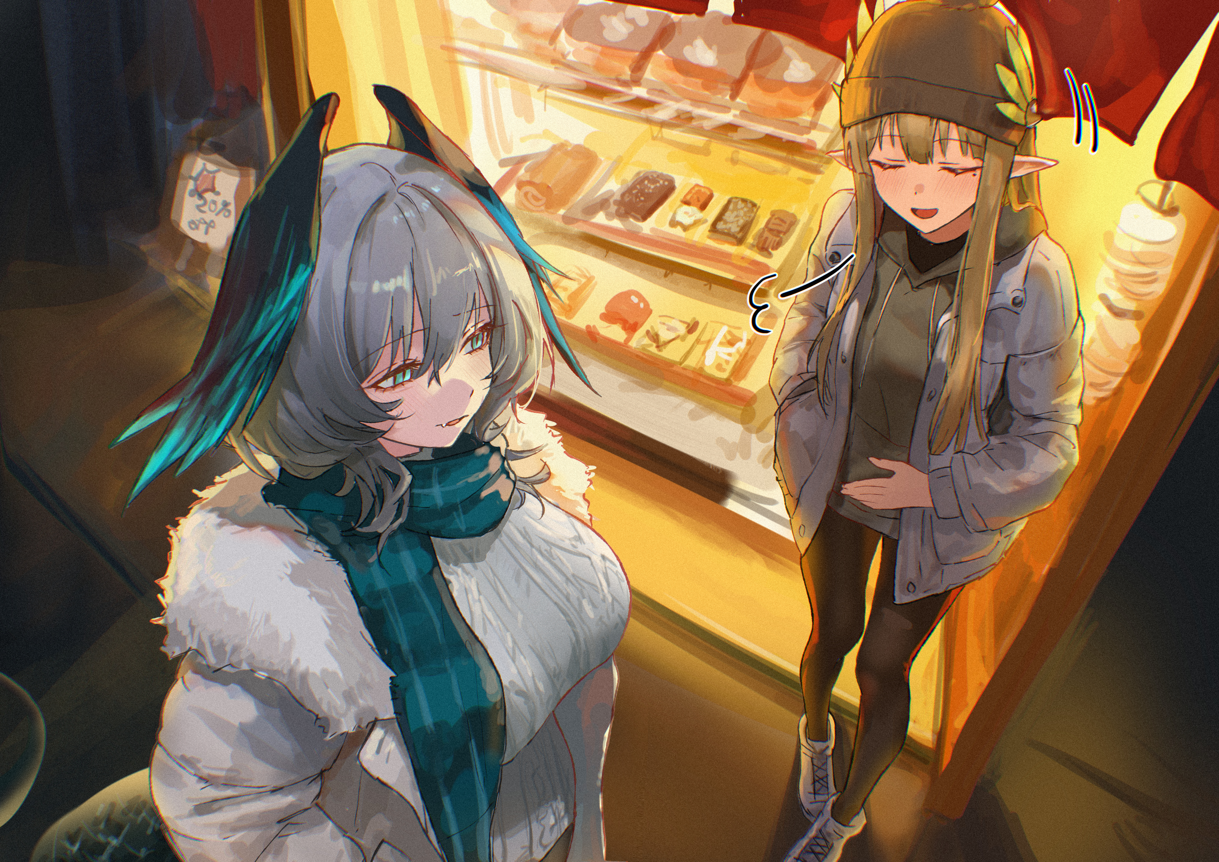 uof, ho'olheyak (arknights), muelsyse (arknights), arknights, absurdres, commentary request, highres, textless version, 2girls, alternate costume, aqua eyes, beanie, black hat, black pantyhose, blue scarf, brown hair, closed eyes, coat, feathered wings, grey hair, hair between eyes, hand on own stomach, hat, head wings, hood, hoodie, jacket, long hair, long sleeves, medium hair, mole, mole under eye, multiple girls, open clothes, open coat, open jacket, pantyhose, pointy ears, scarf, slit pupils, speech bubble, sweater, tail, white coat, white jacket, white sweater, wings, winter clothes