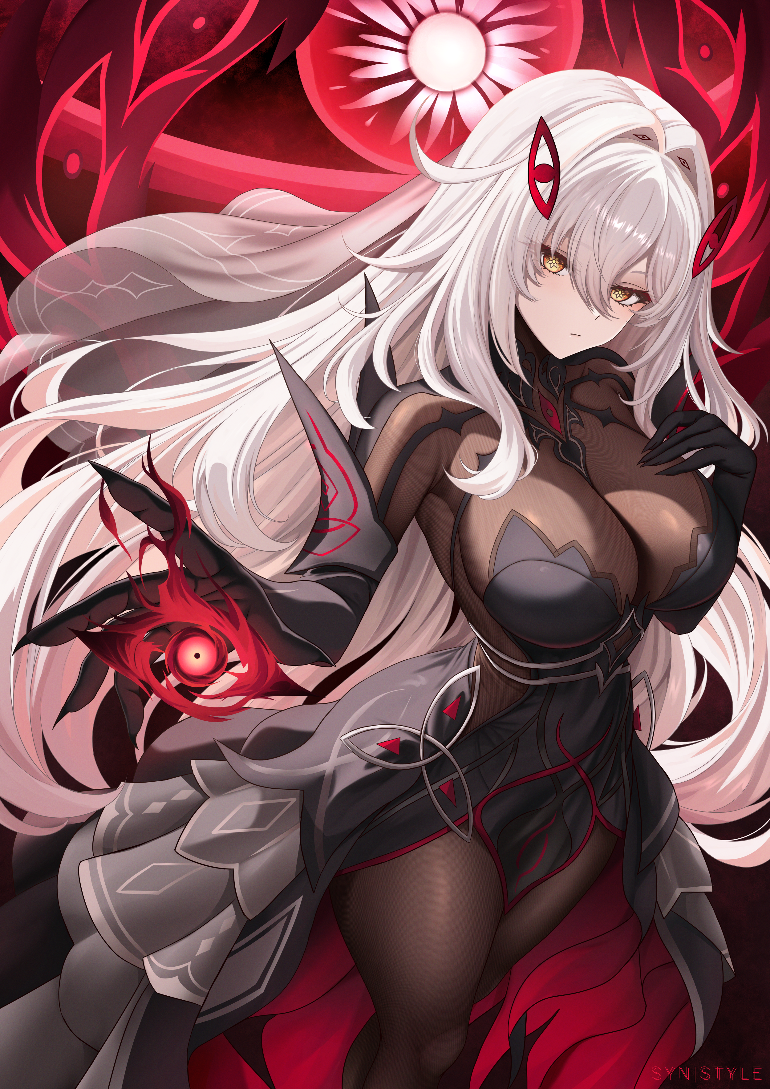 syn (synstyle), ronova (genshin impact), genshin impact, black bodystocking, absurdres, commentary, highres, 1girl, black dress, black gloves, breast suppress, breasts, claws, closed mouth, cowlick, dress, elbow gloves, eye hair ornament, eye symbol, eyes on wings, gloves, grey veil, hair between eyes, hair intakes, hand on own chest, high-low dress, large breasts, long hair, looking at viewer, magic, powering up, red background, red wings, solo, standing, symbol-shaped pupils, tight clothes, tight dress, veil, very long hair, white hair, wings, yellow eyes