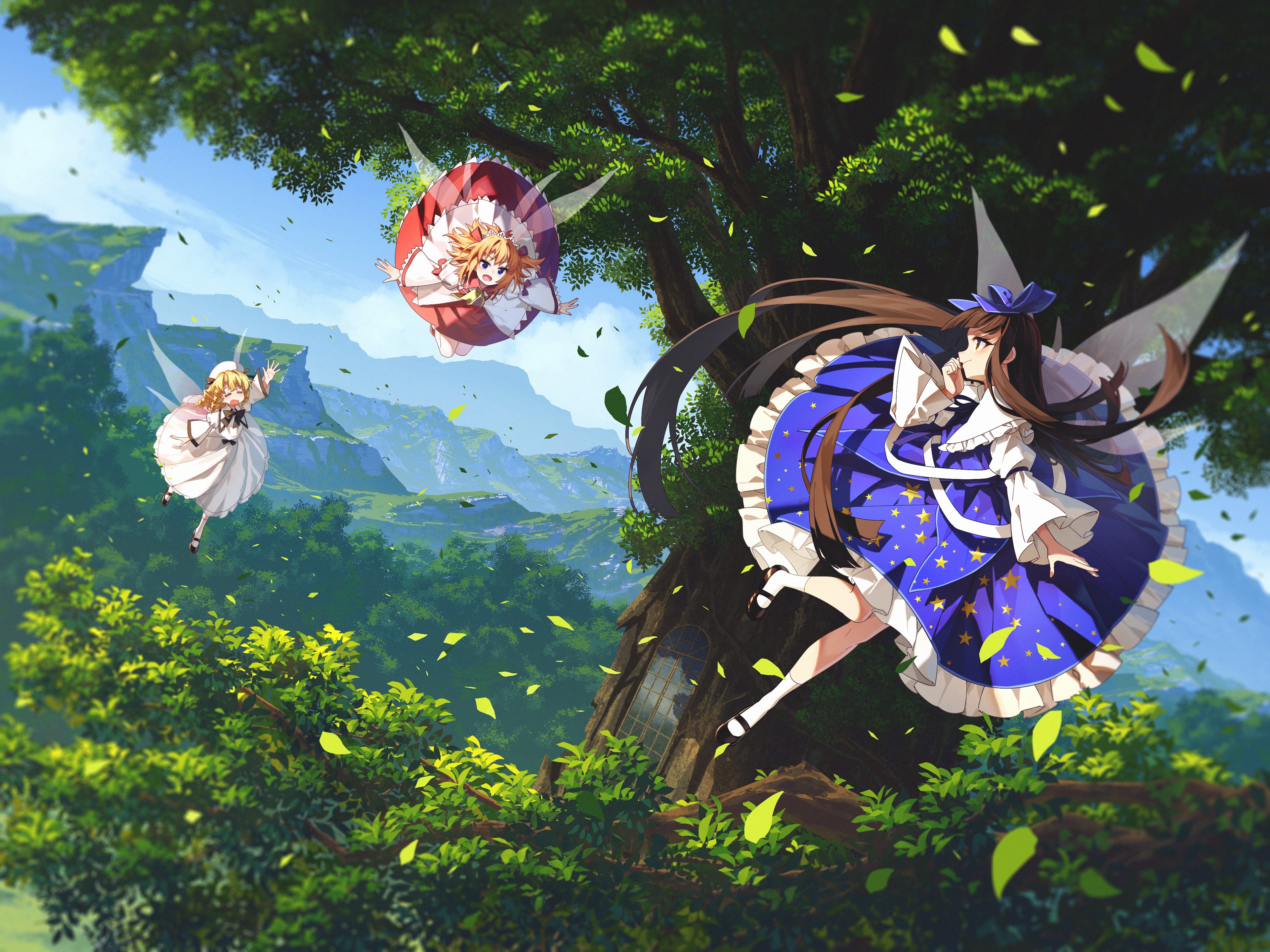 banjie, luna child, star sapphire, sunny milk, touhou, absurdres, highres, official art, 3girls, black hair, blonde hair, blue bow, blue eyes, blush, bow, brown eyes, brown hair, dress, drill hair, fairy, fairy wings, forest, hair bow, hat, long hair, long sleeves, multiple girls, nature, open mouth, orange hair, red eyes, ribbon, short hair, skirt, smile, treehouse, wings