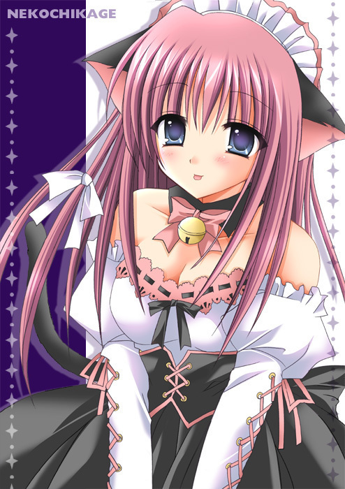 tagme, animal ears, bell, breasts, cat ears, cleavage, long hair, maid, nekochikage, pink hair, purple eyes, ribbon, tongue