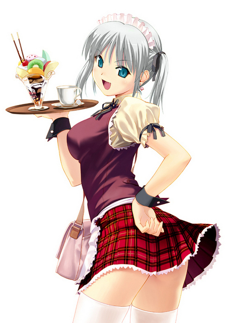 tagme, 1girl, apron, aqua eyes, bag, blouse, breasts, dot nose, earrings, fang, feet out of frame, female focus, food, grey hair, hair ribbon, hand on own hip, hip focus, jewelry, looking at viewer, maid headdress, medium breasts, open mouth, parfait, plaid clothes, plaid skirt, puffy short sleeves, puffy sleeves, ribbon, shirt, short hair, short sleeves, simple background, skirt, smile, solo, standing, star (symbol), star earrings, thighhighs, thighs, twintails, waitress, white background, white thighhighs, wrist cuffs
